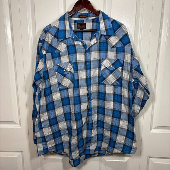 Plains Big Man 2XL Blue Plaid Western Cowboy Pearl Snap Shirt Long Sleeve - Picture 1 of 8
